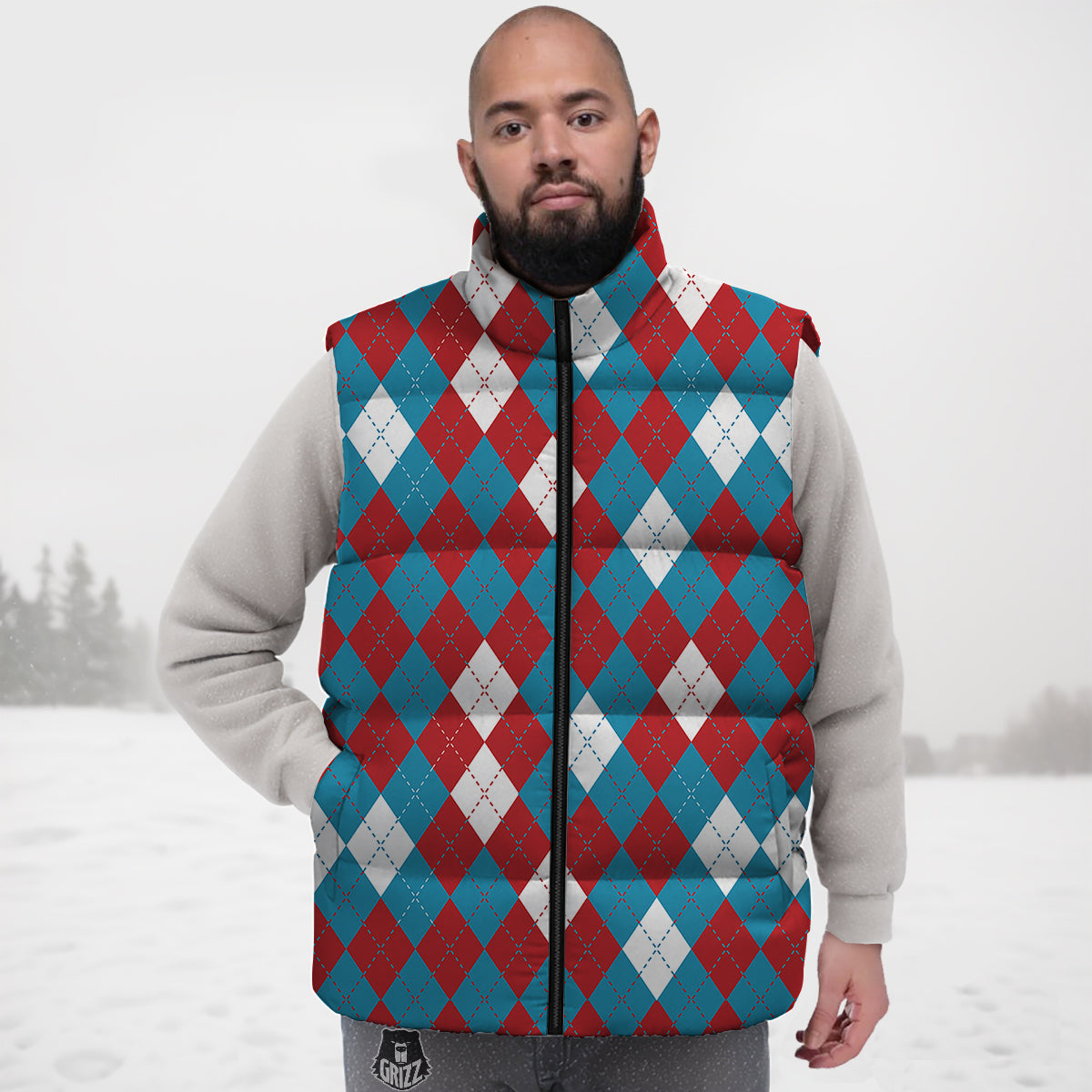 Blue White And Red Argyle Print Pattern Down Vest-grizzshop