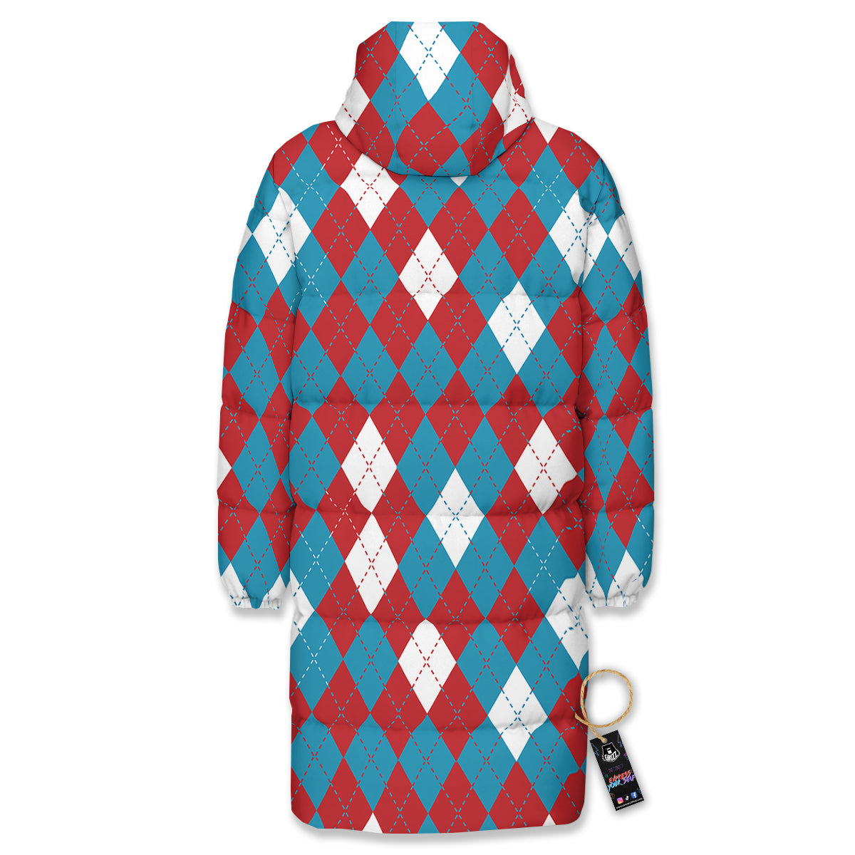 Blue White And Red Argyle Print Pattern Long Down Jacket-grizzshop