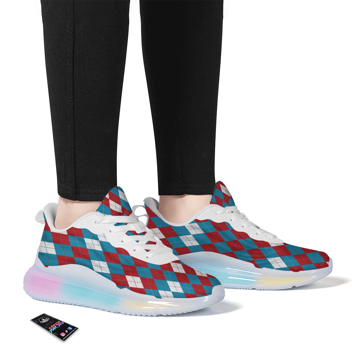 Blue White And Red Argyle Print Pattern Running Sneakers-grizzshop