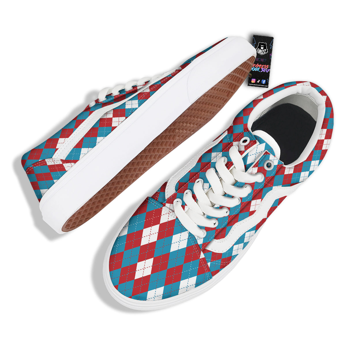 Blue White And Red Argyle Print Pattern Skate Shoes-grizzshop
