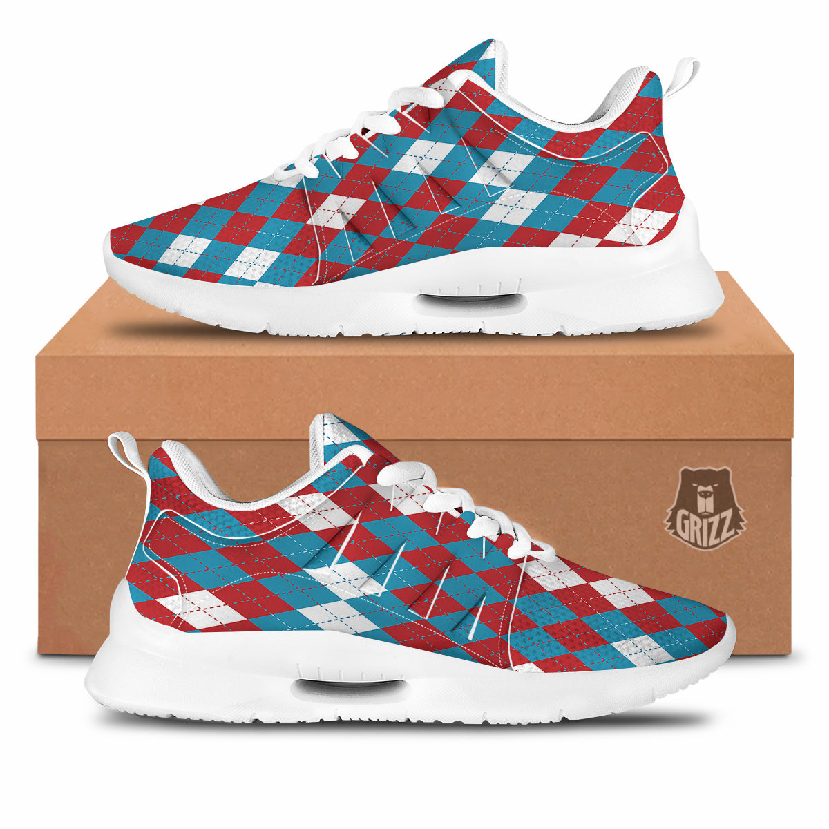 Blue White And Red Argyle Print Pattern Tennis Shoes-grizzshop
