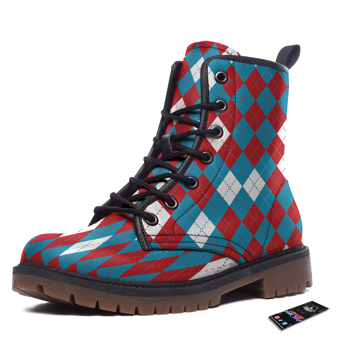 Blue White And Red Argyle Print Pattern Work Boots-grizzshop