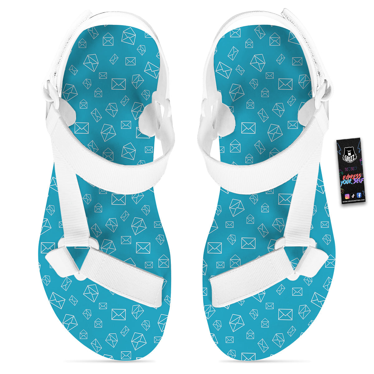 Blue White Mail Print Pattern White Open Toe Sandals-grizzshop