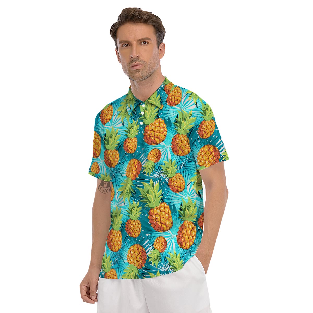 Blue Tropical Hawaiian Pineapple Print Men's Golf Shirts-grizzshop