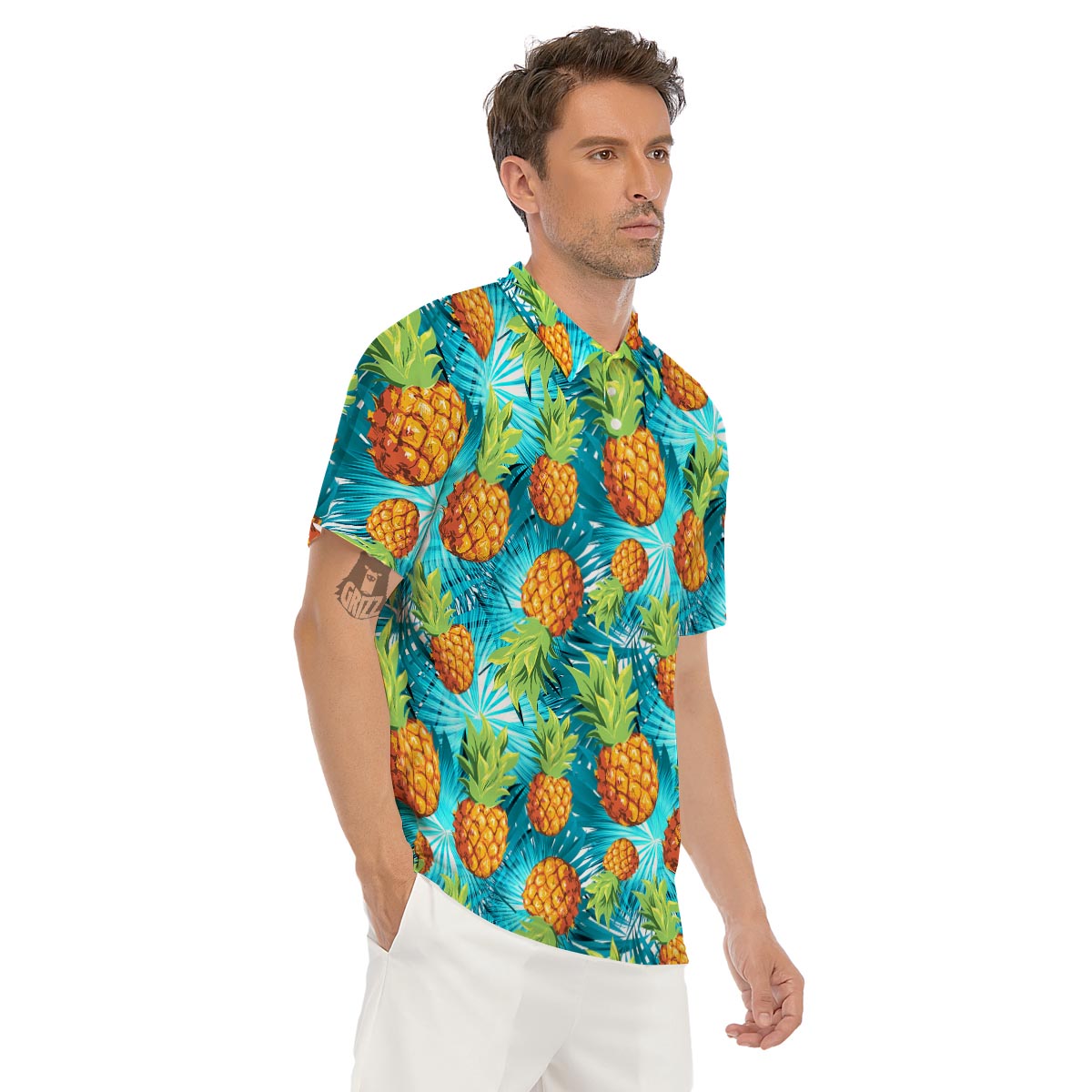 Blue Tropical Hawaiian Pineapple Print Men's Golf Shirts-grizzshop