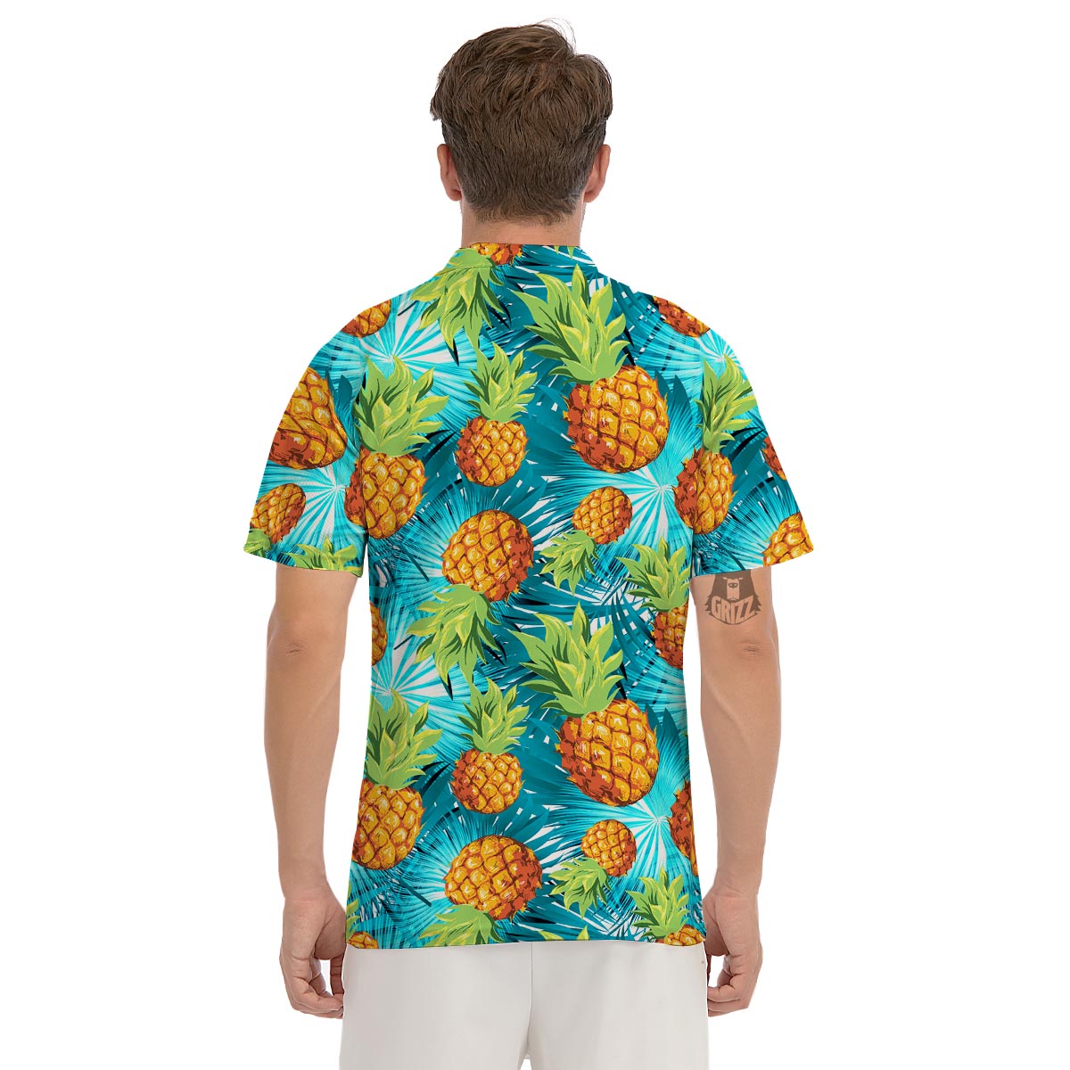 Blue Tropical Hawaiian Pineapple Print Men's Golf Shirts-grizzshop