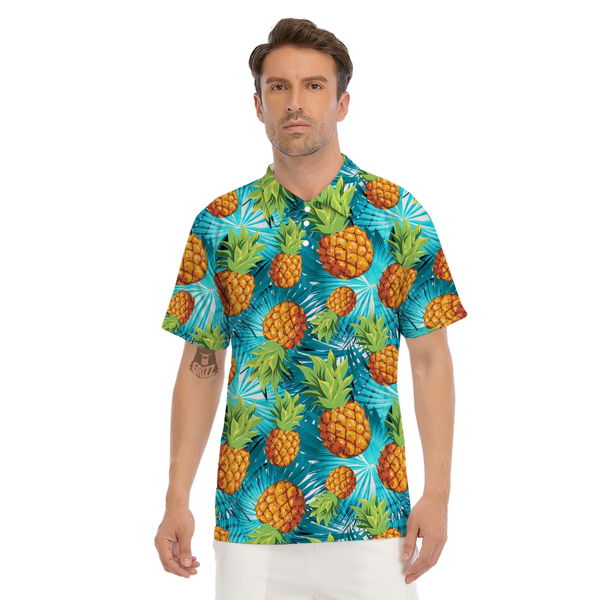 Blue Tropical Hawaiian Pineapple Print Men's Golf Shirts-grizzshop