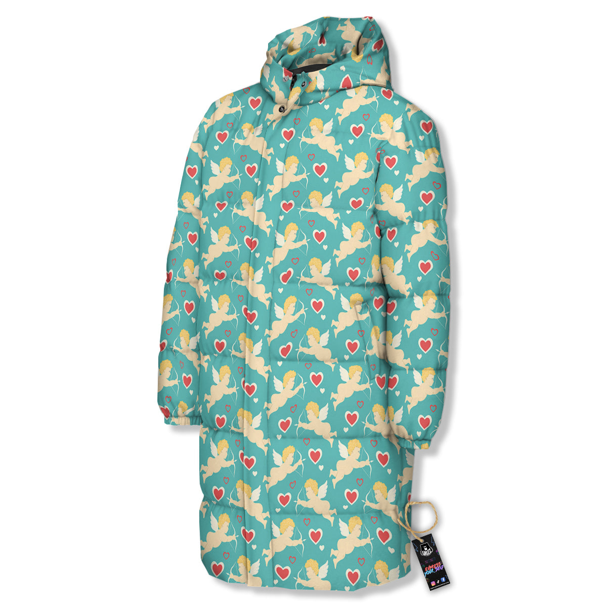 Blue Cupid And Heart Print Pattern Long Down Jacket