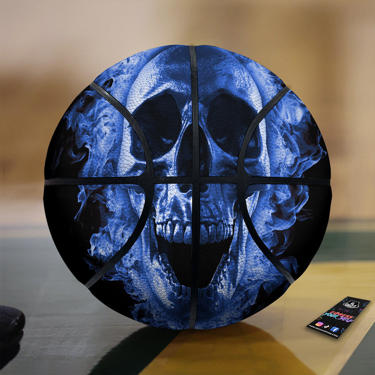 Blue Flaming Skull Print Basketball
