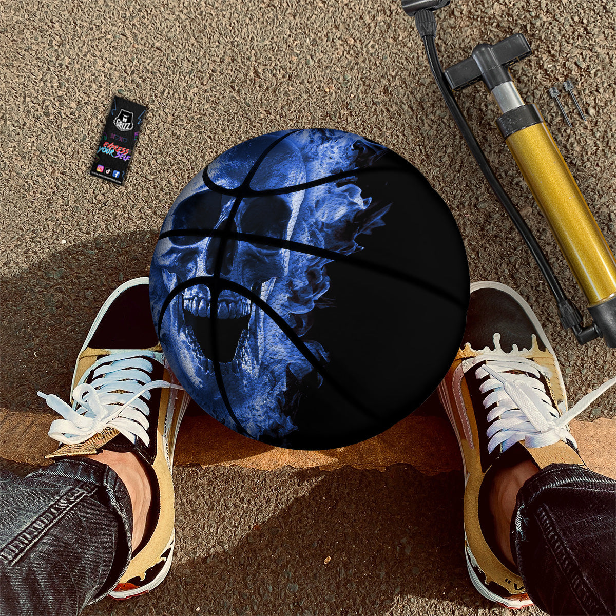 Blue Flaming Skull Print Basketball