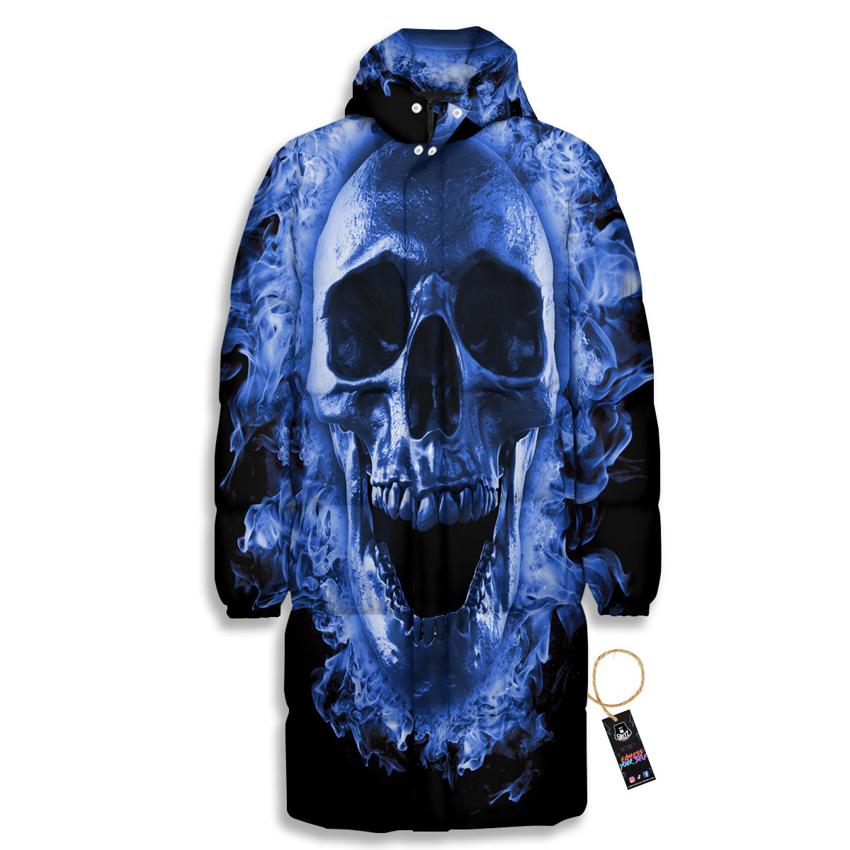 Blue Flaming Skull Print Long Down Jacket