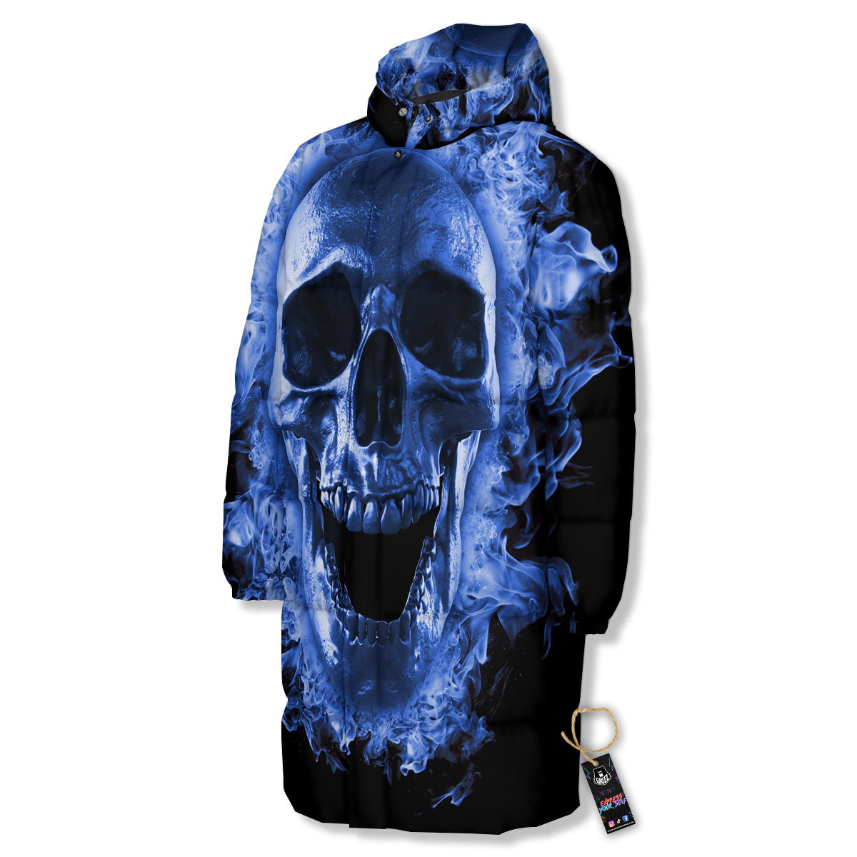 Blue Flaming Skull Print Long Down Jacket