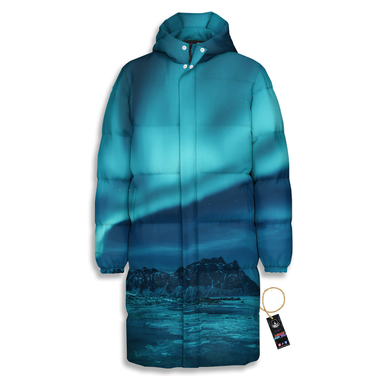 Blue Northern Lights And Mountain Print Long Down Jacket