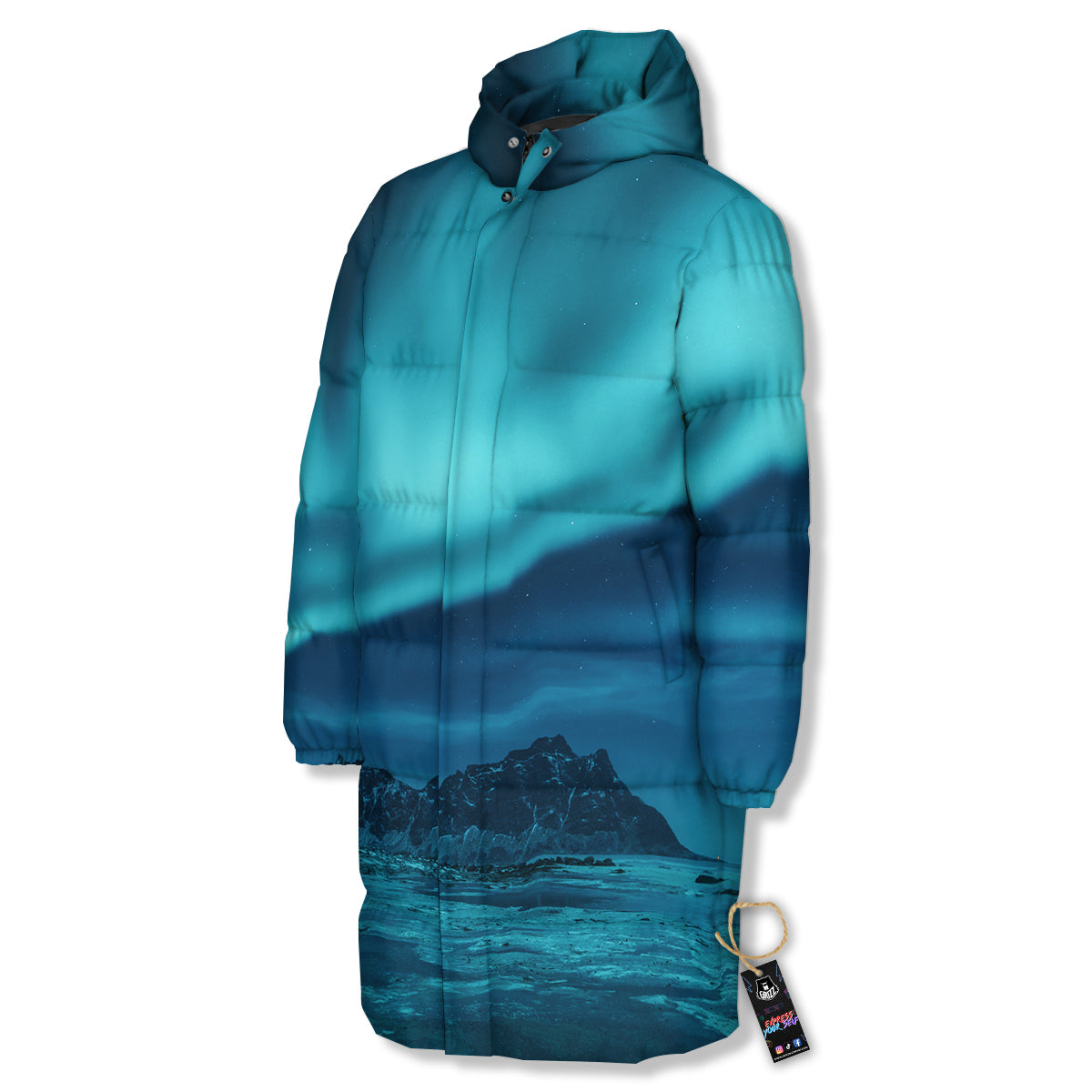 Blue Northern Lights And Mountain Print Long Down Jacket