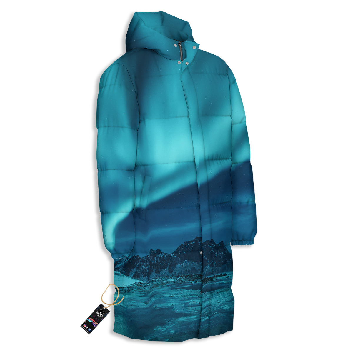 Blue Northern Lights And Mountain Print Long Down Jacket