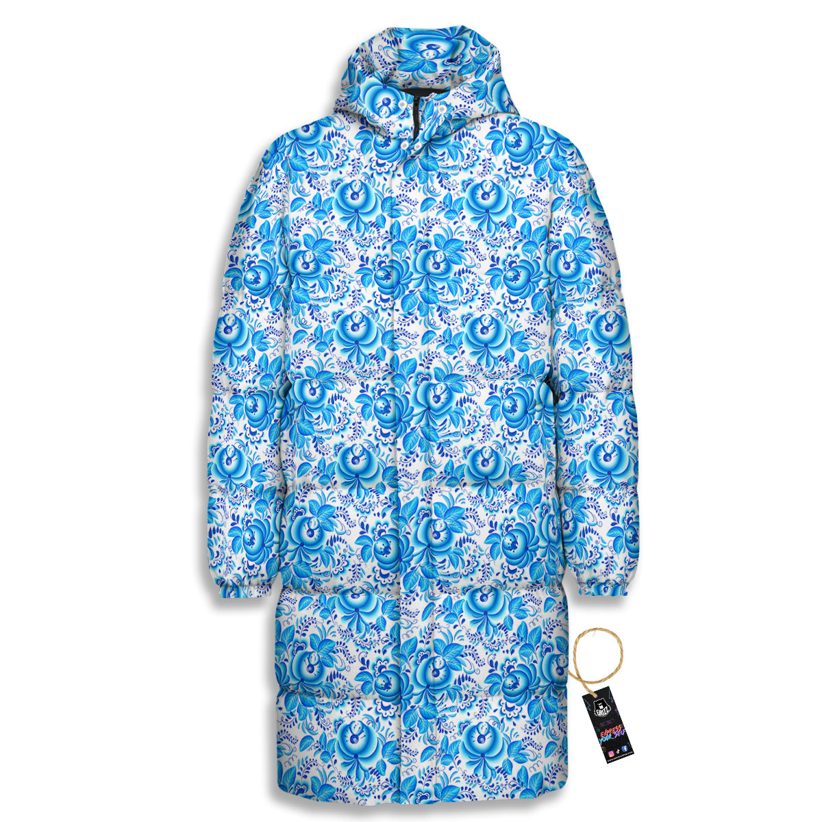 Blue Russian Floral Gzhel Print Pattern Long Down Jacket