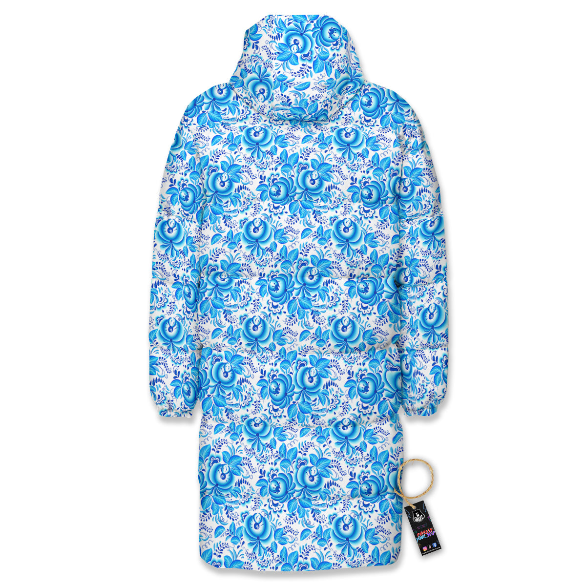 Blue Russian Floral Gzhel Print Pattern Long Down Jacket