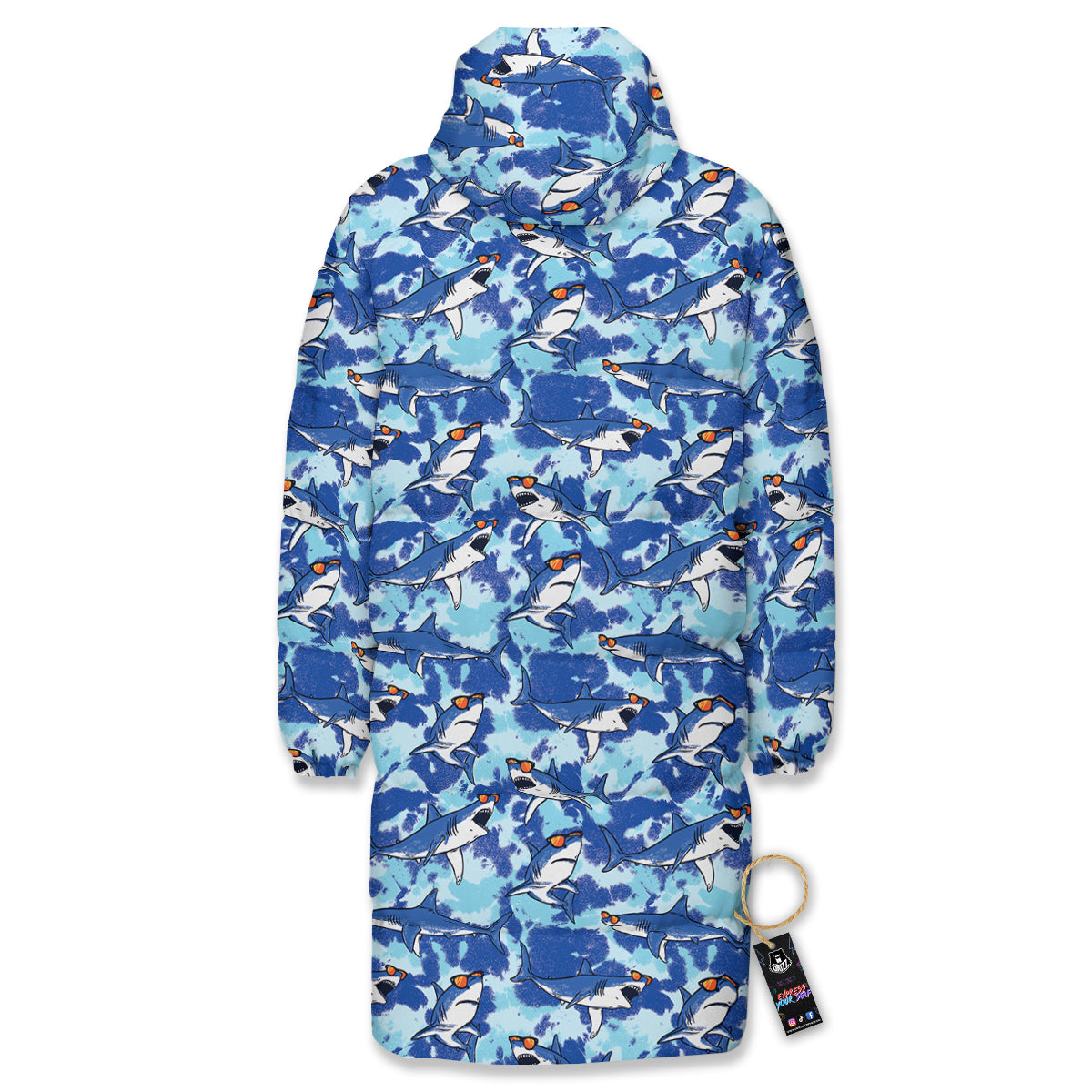 Blue Shark Print Pattern Long Down Jacket