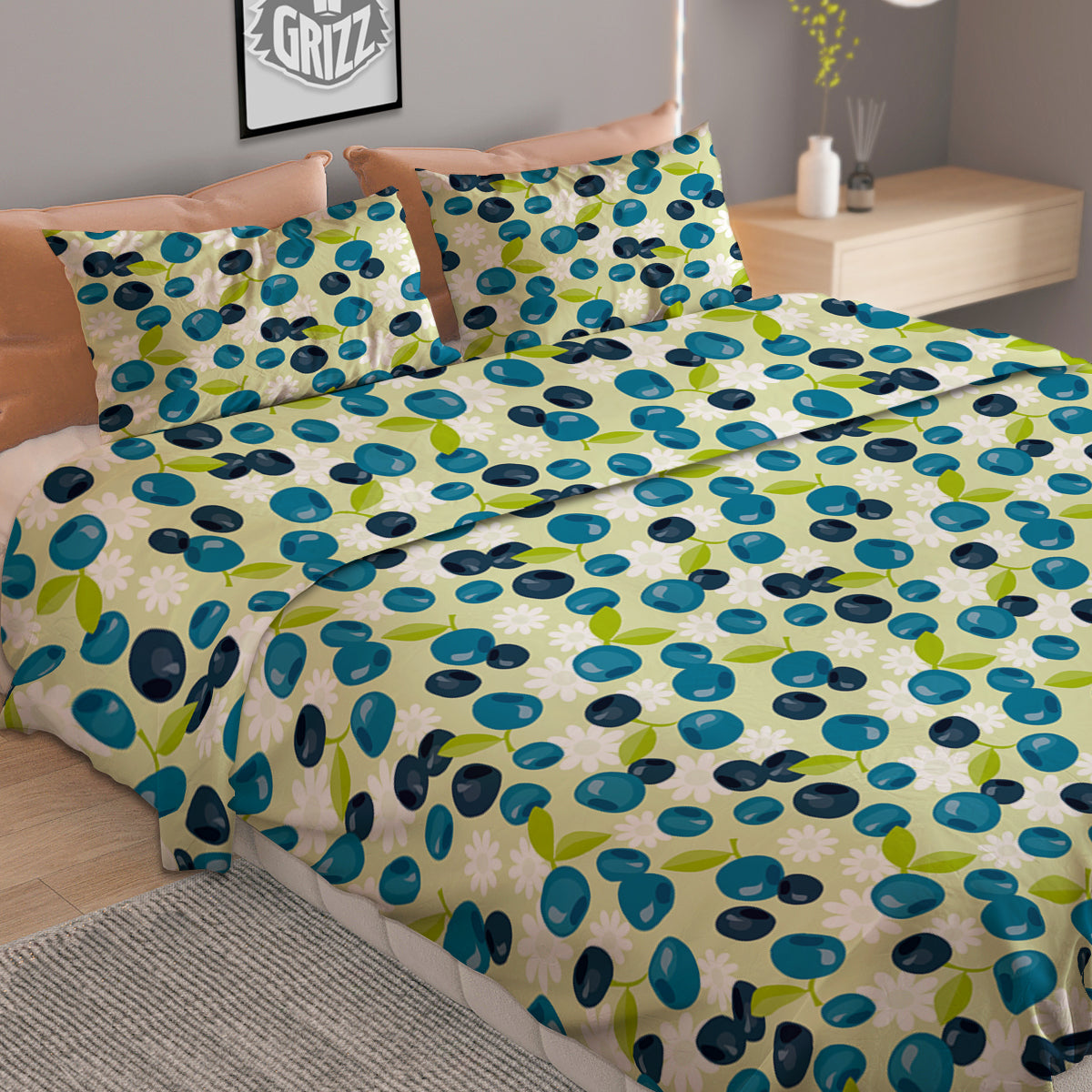 Blueberry And Daisy Print Pattern Duvet Cover Bedding Set