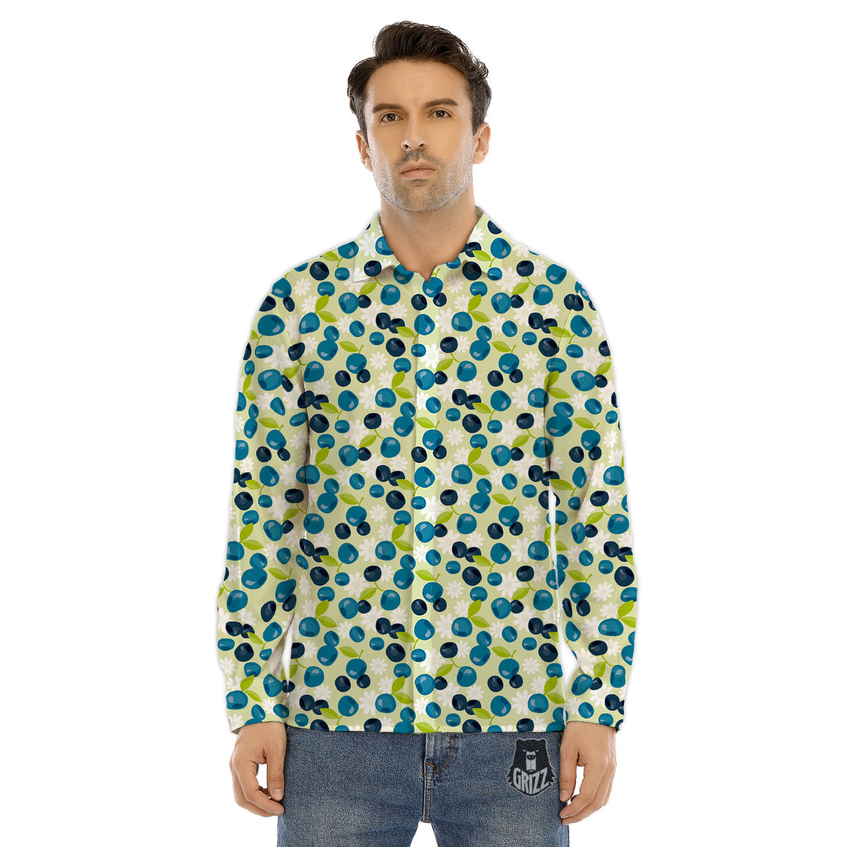 Blueberry And Daisy Print Pattern Men's Dress Shirts-grizzshop