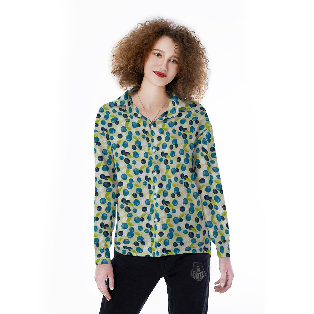 Blueberry And Daisy Print Pattern Women's Long Sleeve Shirts-grizzshop