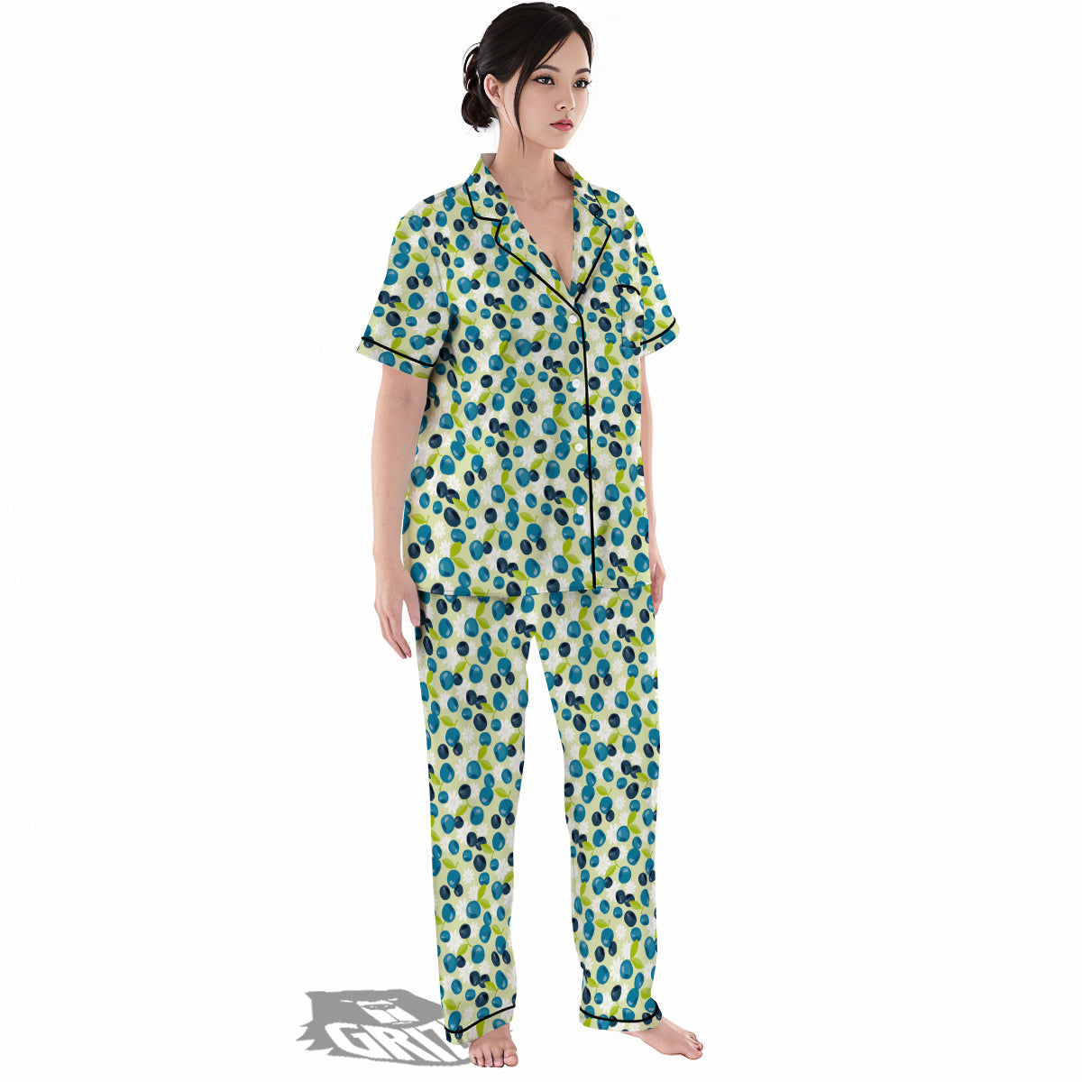 Blueberry And Daisy Print Pattern Women's Pajamas Set-grizzshop