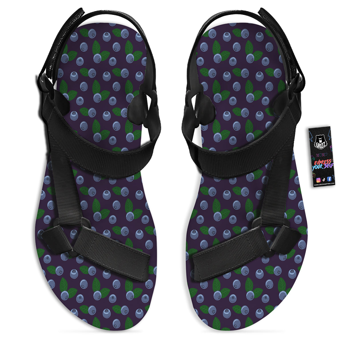 Blueberry And Leaf Print Pattern Black Open Toe Sandals-grizzshop