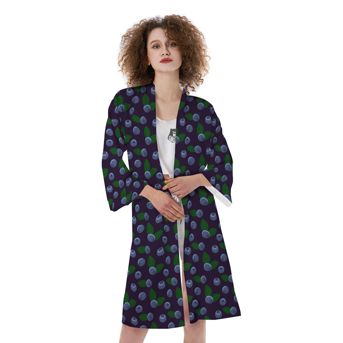 Blueberry And Leaf Print Pattern Kimono-grizzshop