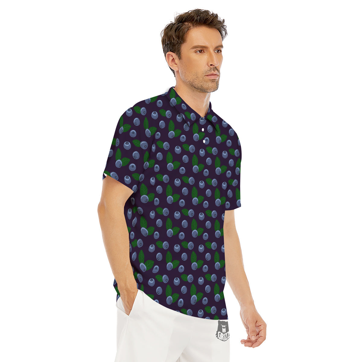 Blueberry And Leaf Print Pattern Men's Golf Shirts-grizzshop