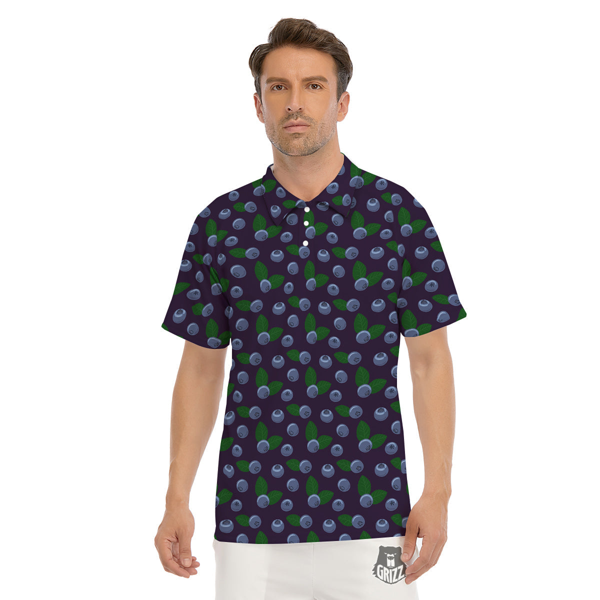 Blueberry And Leaf Print Pattern Men's Golf Shirts-grizzshop