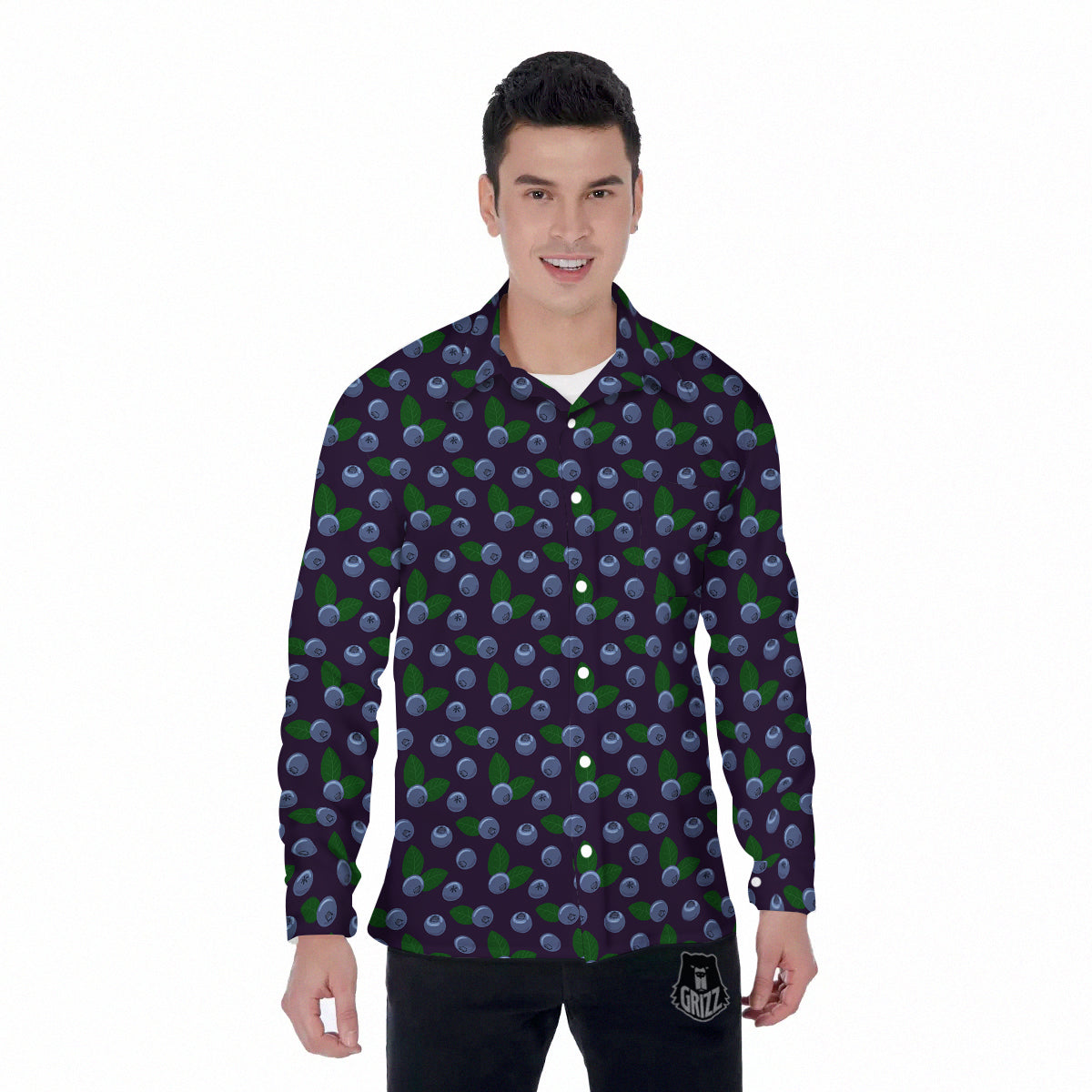 Blueberry And Leaf Print Pattern Men's Long Sleeve Shirts-grizzshop