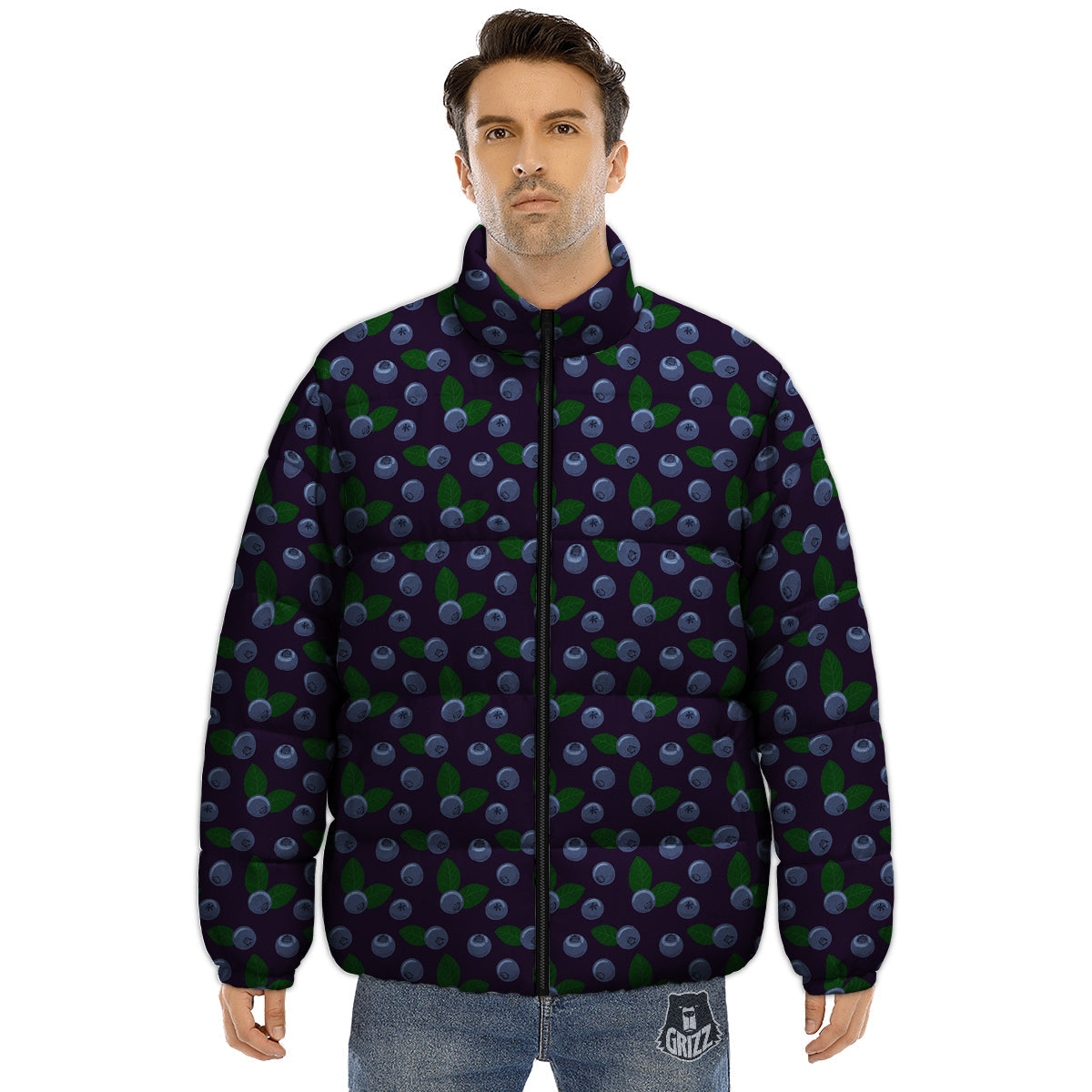 Blueberry And Leaf Print Pattern Puffer Jacket-grizzshop