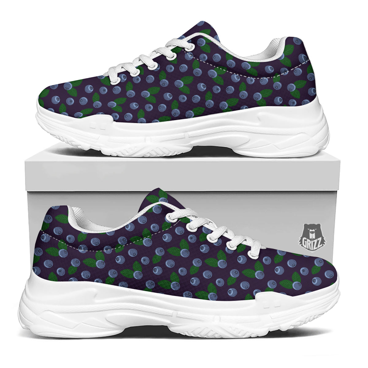 Blueberry And Leaf Print Pattern White Chunky Shoes-grizzshop