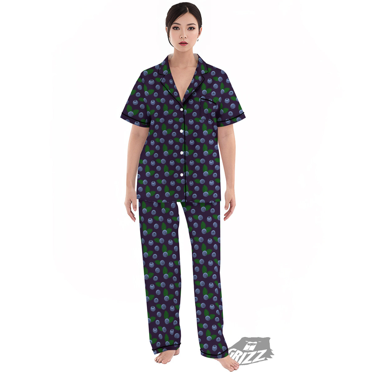 Blueberry And Leaf Print Pattern Women's Pajamas Set-grizzshop