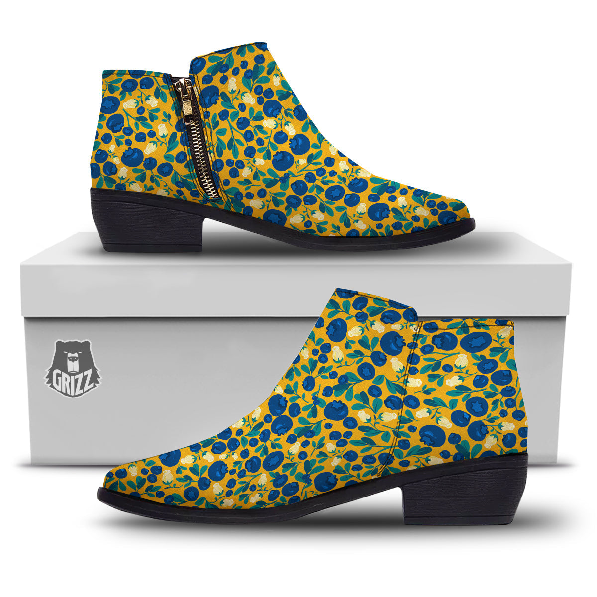 Blueberry Yellow Print Pattern Ankle Boots-grizzshop