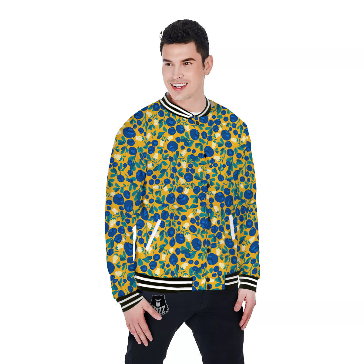 Blueberry Yellow Print Pattern Baseball Jacket-grizzshop