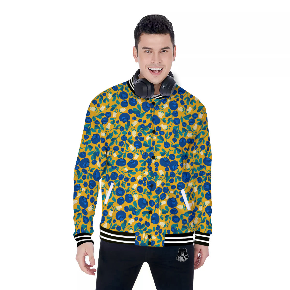 Blueberry Yellow Print Pattern Baseball Jacket-grizzshop