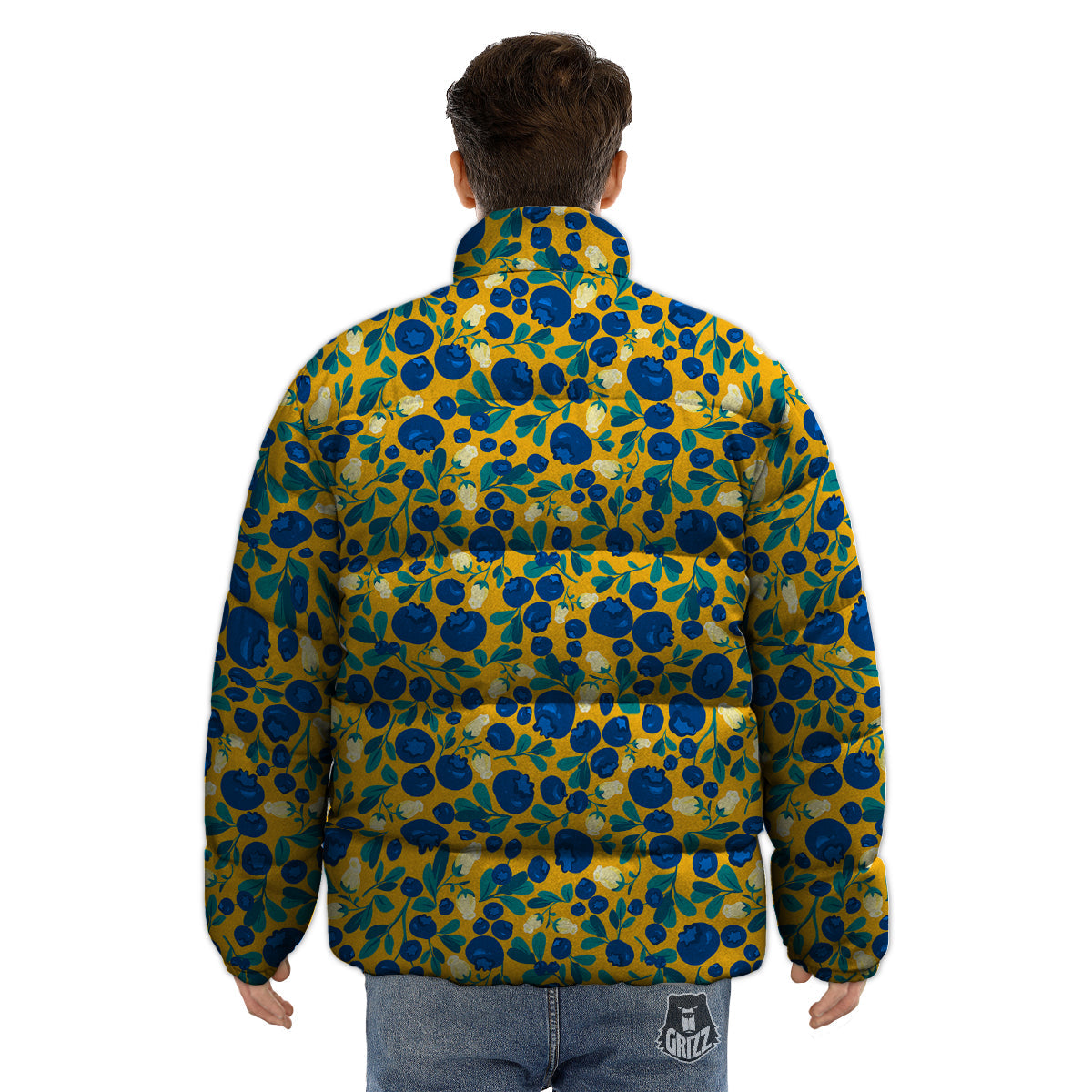 Blueberry Yellow Print Pattern Puffer Jacket-grizzshop