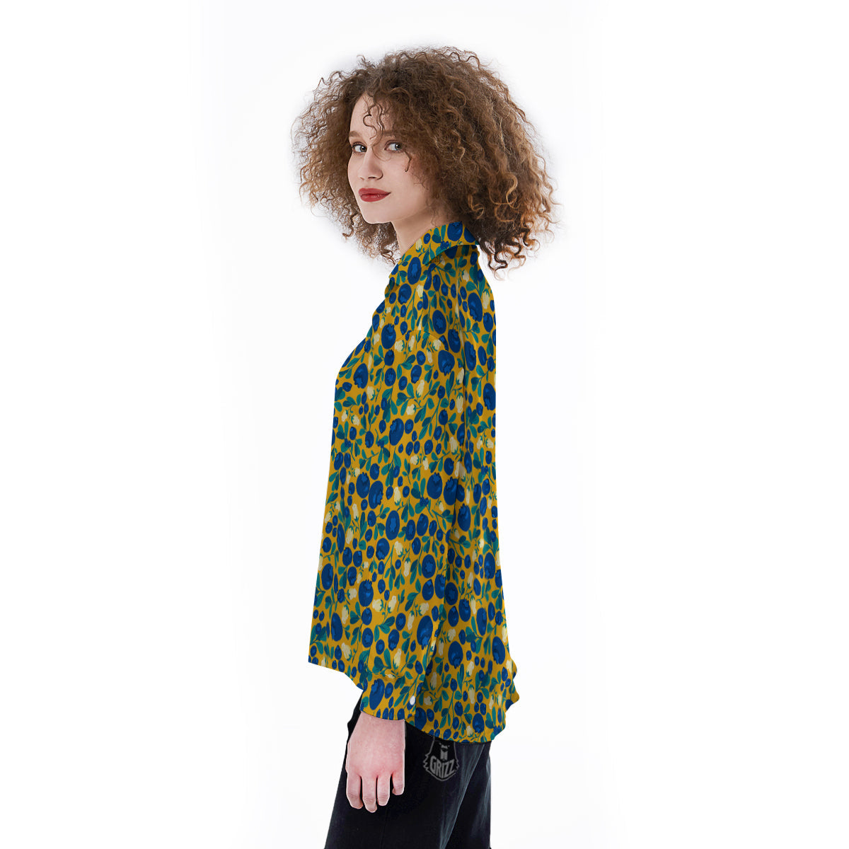 Blueberry Yellow Print Pattern Women's Long Sleeve Shirts-grizzshop