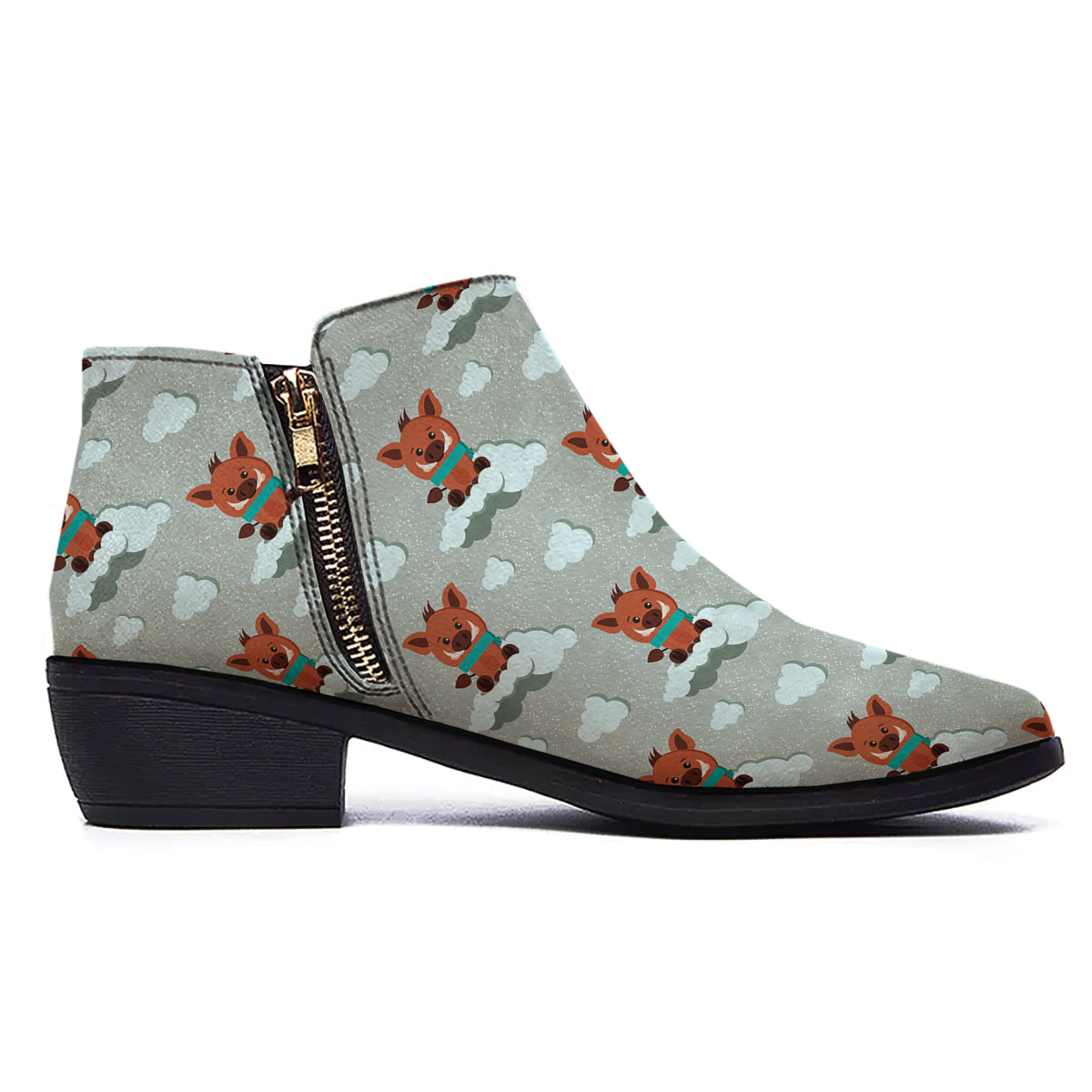 Boar And Cloud Print Pattern Ankle Boots-grizzshop