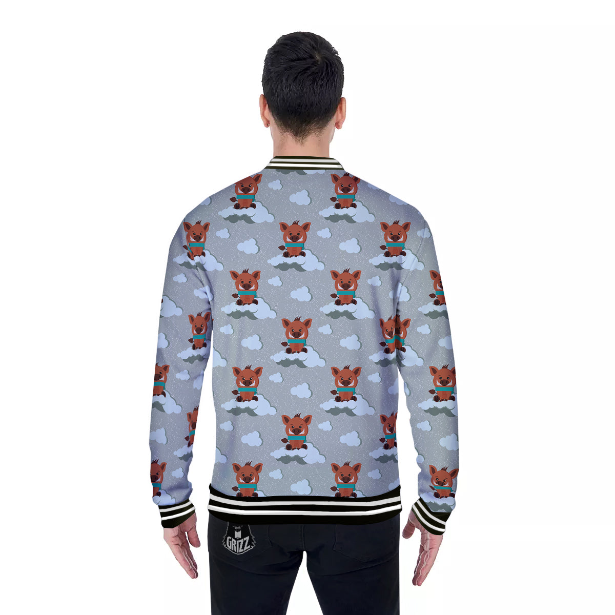 Boar And Cloud Print Pattern Baseball Jacket-grizzshop