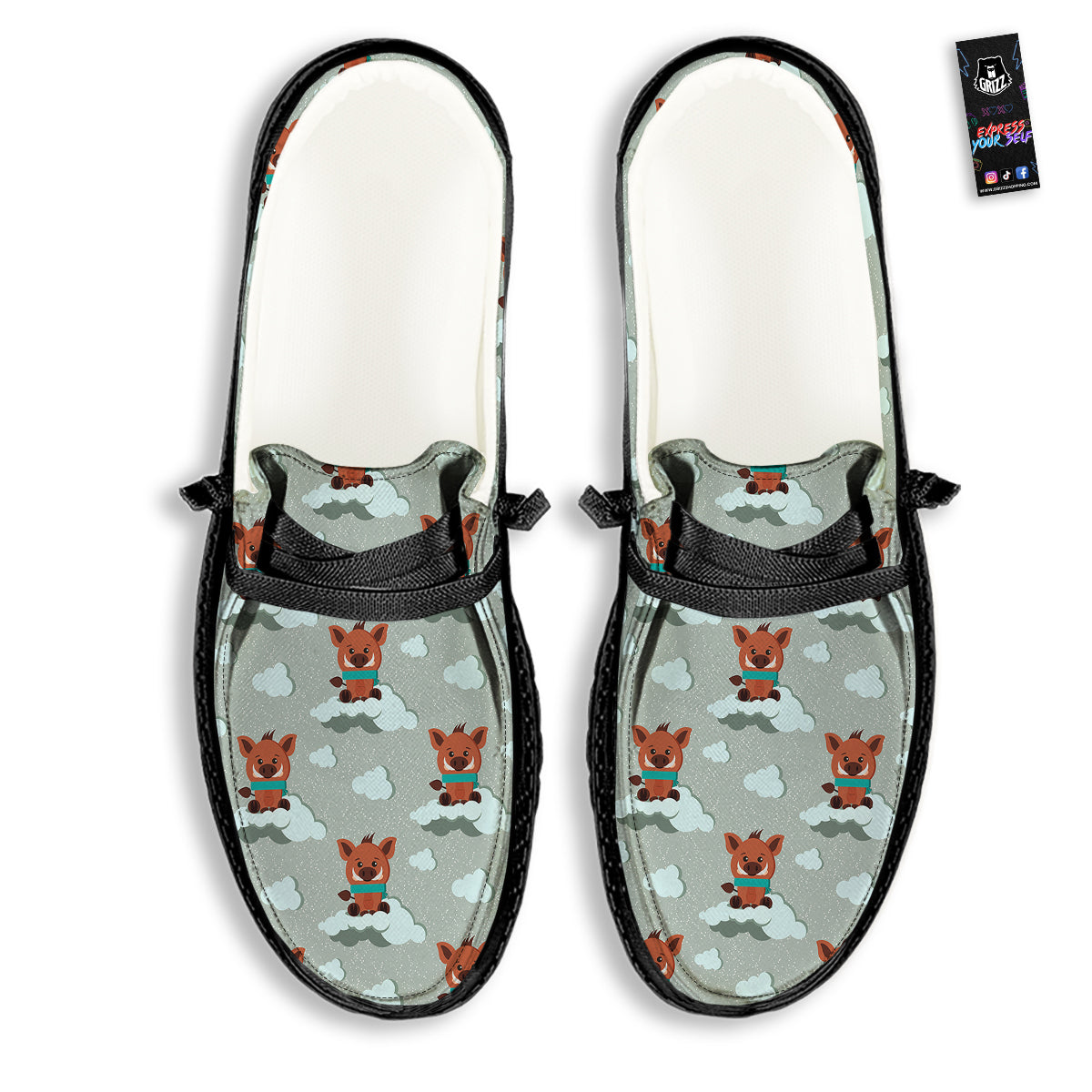 Boar And Cloud Print Pattern Black Loafers-grizzshop