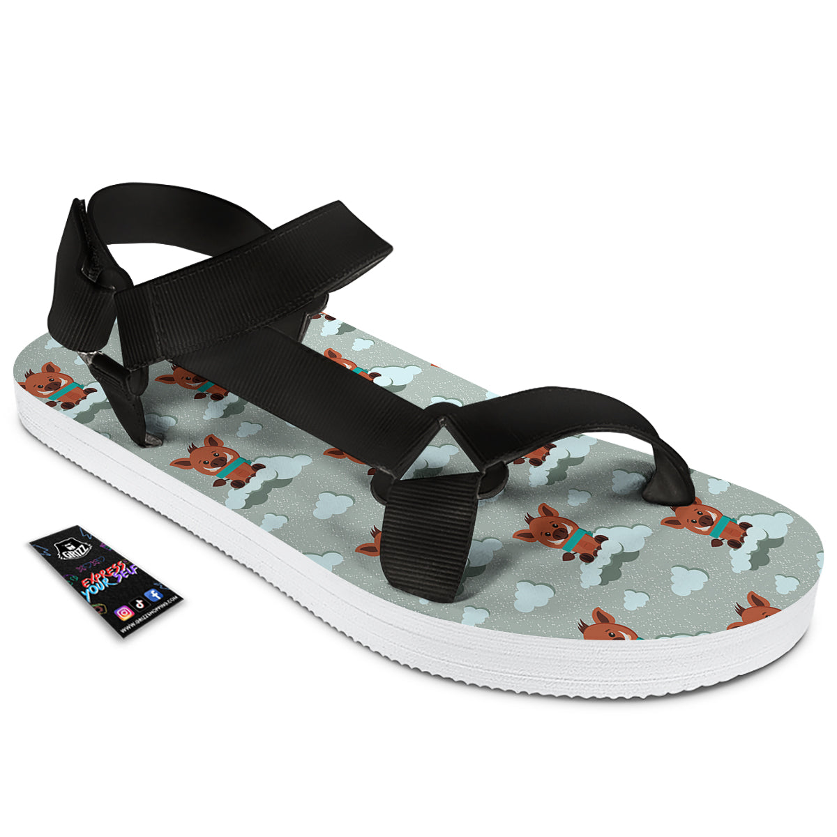 Boar And Cloud Print Pattern Black Open Toe Sandals-grizzshop