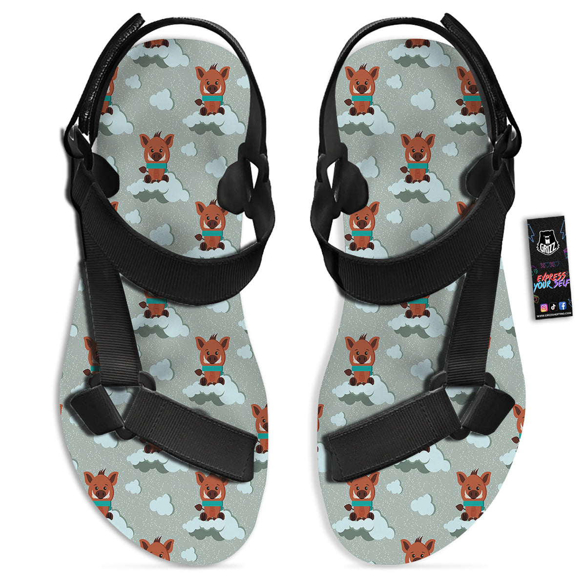 Boar And Cloud Print Pattern Black Open Toe Sandals-grizzshop