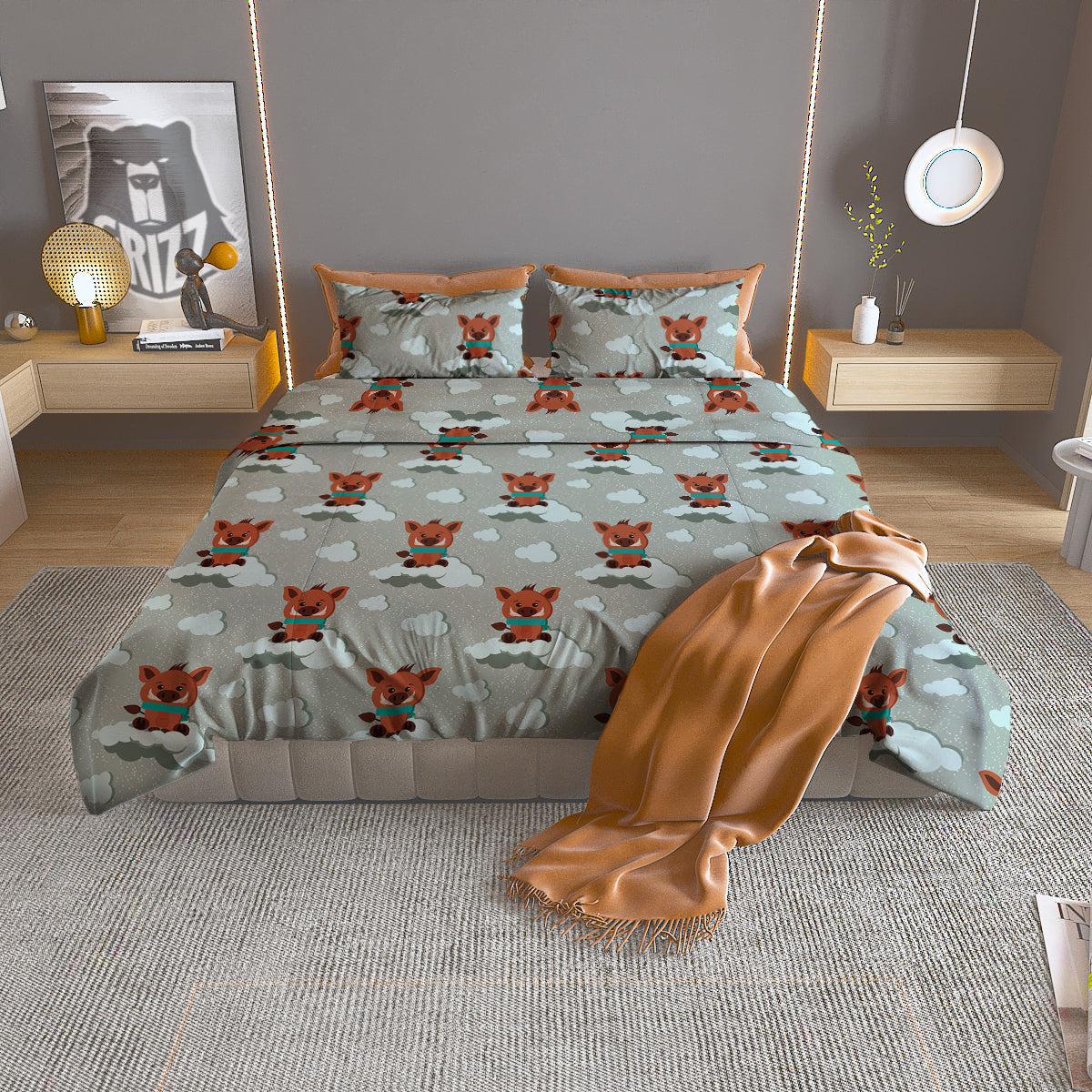 Boar And Cloud Print Pattern Duvet Cover Bedding Set