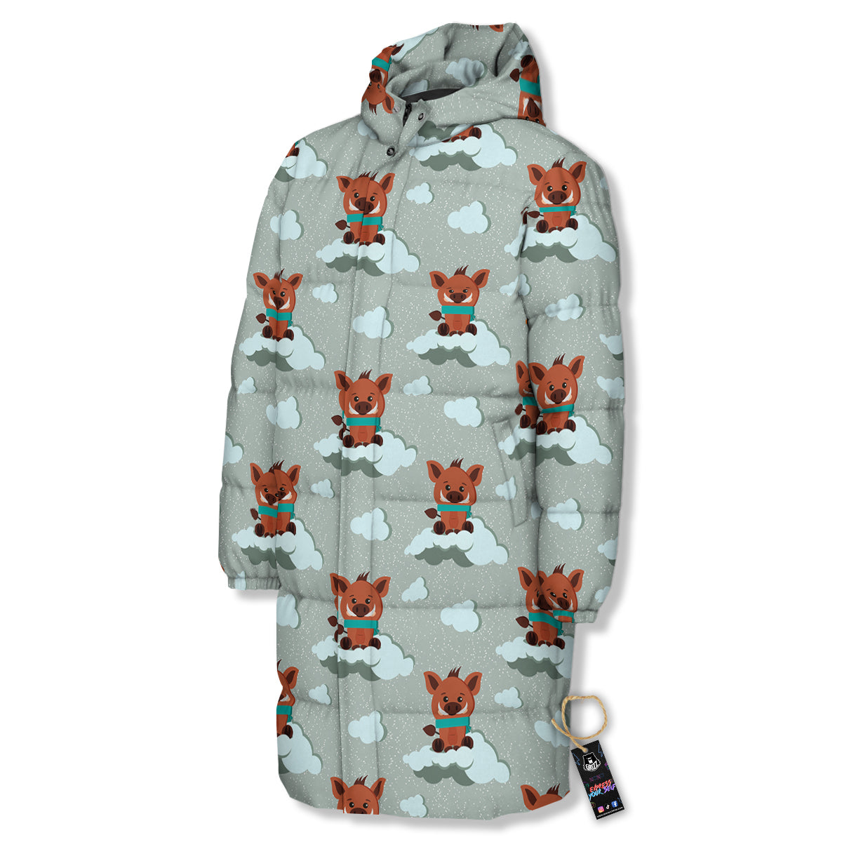 Boar And Cloud Print Pattern Long Down Jacket-grizzshop
