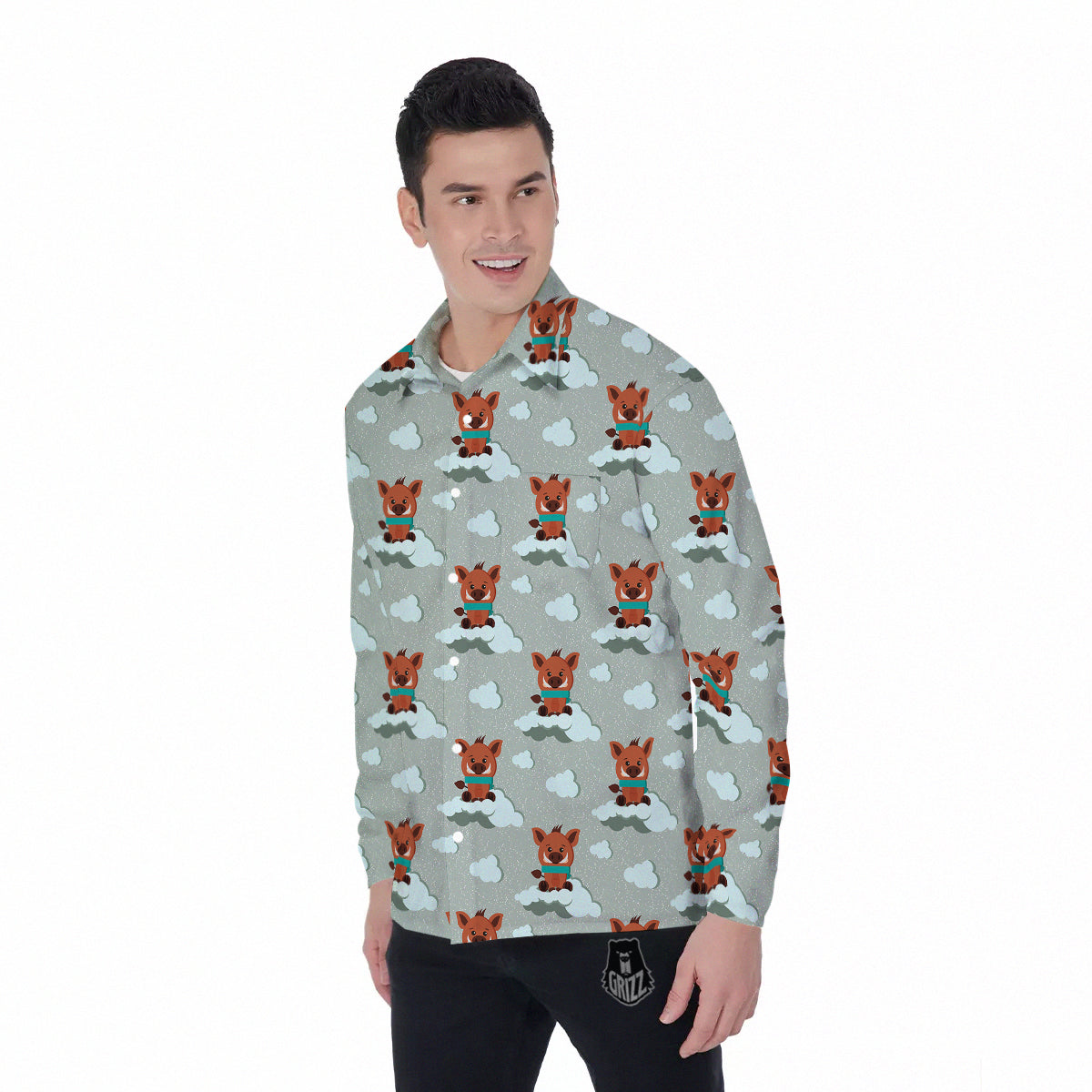 Boar And Cloud Print Pattern Men's Long Sleeve Shirts-grizzshop