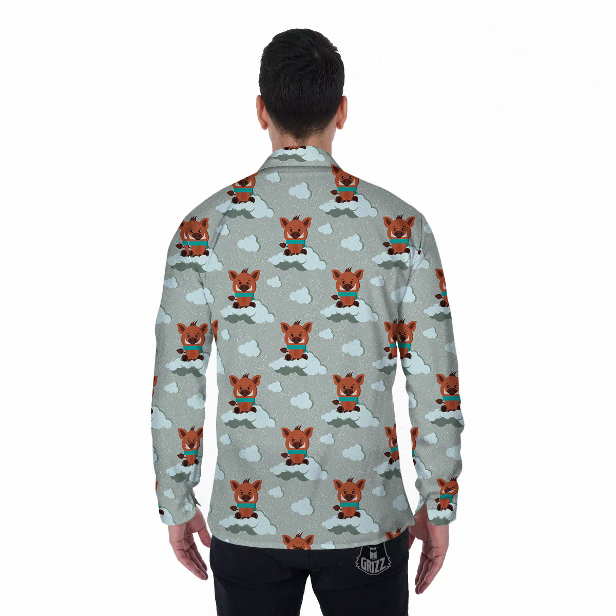 Boar And Cloud Print Pattern Men's Long Sleeve Shirts-grizzshop