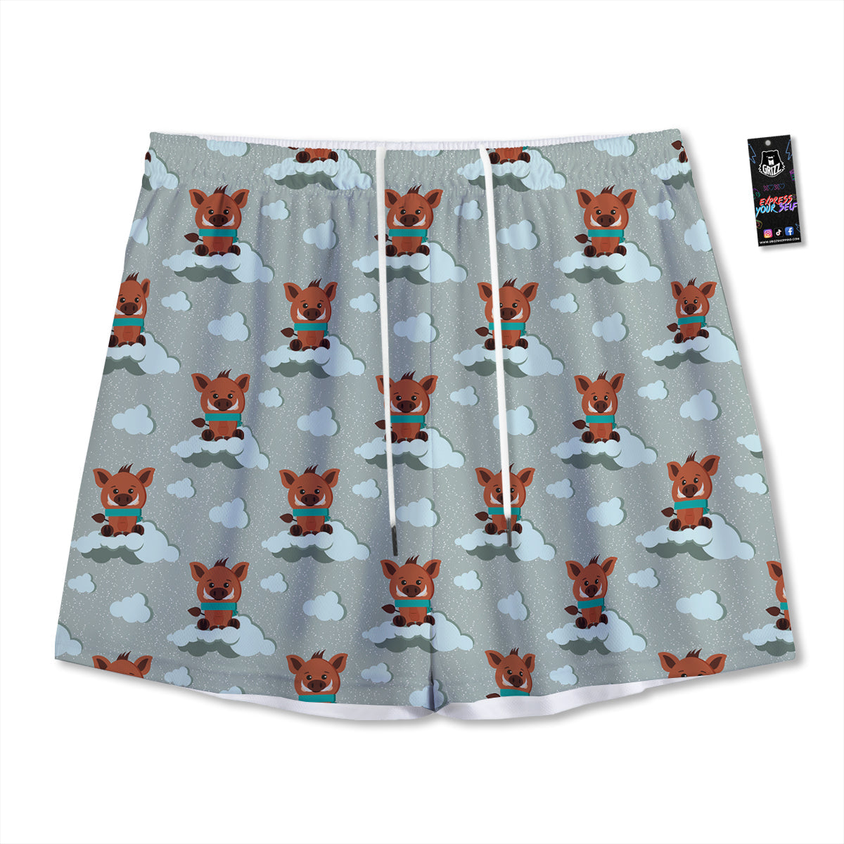 Boar And Cloud Print Pattern Mesh Shorts-grizzshop