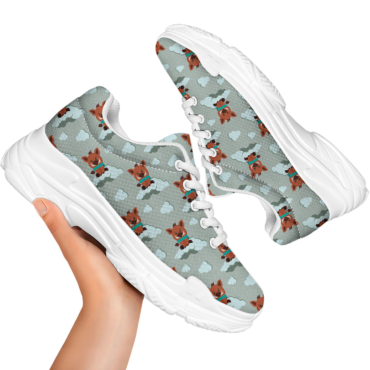 Boar And Cloud Print Pattern White Chunky Shoes-grizzshop